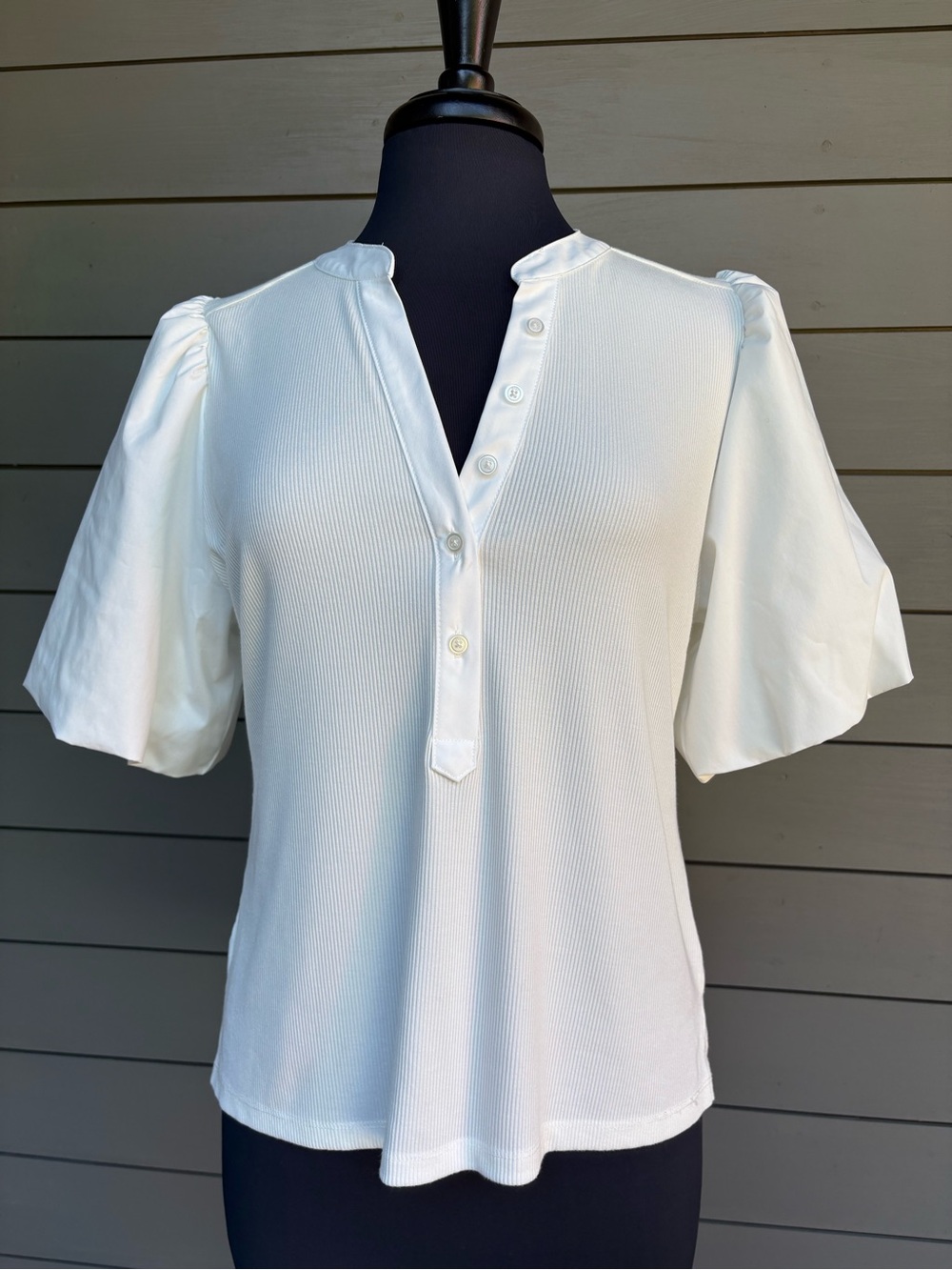 DKNY White Puff Sleeve Henley Top